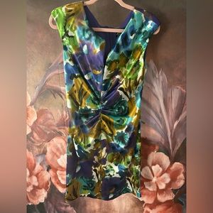 Stunning Watercolor Sleeveless V neck Satin Dress Size 10